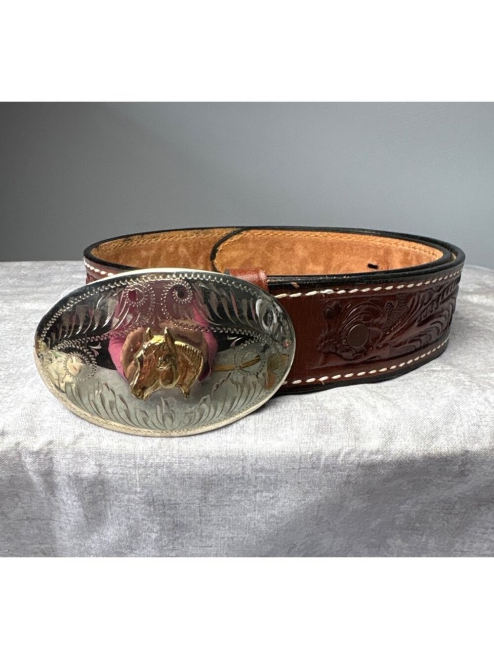 Size 28 Tony Lama Western Tooled Leather Belt w/ Silver & Gold Horse Buckle